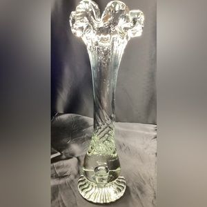 VTG Clear Art Glass Vase with cut swirls and controlled bubble in base.